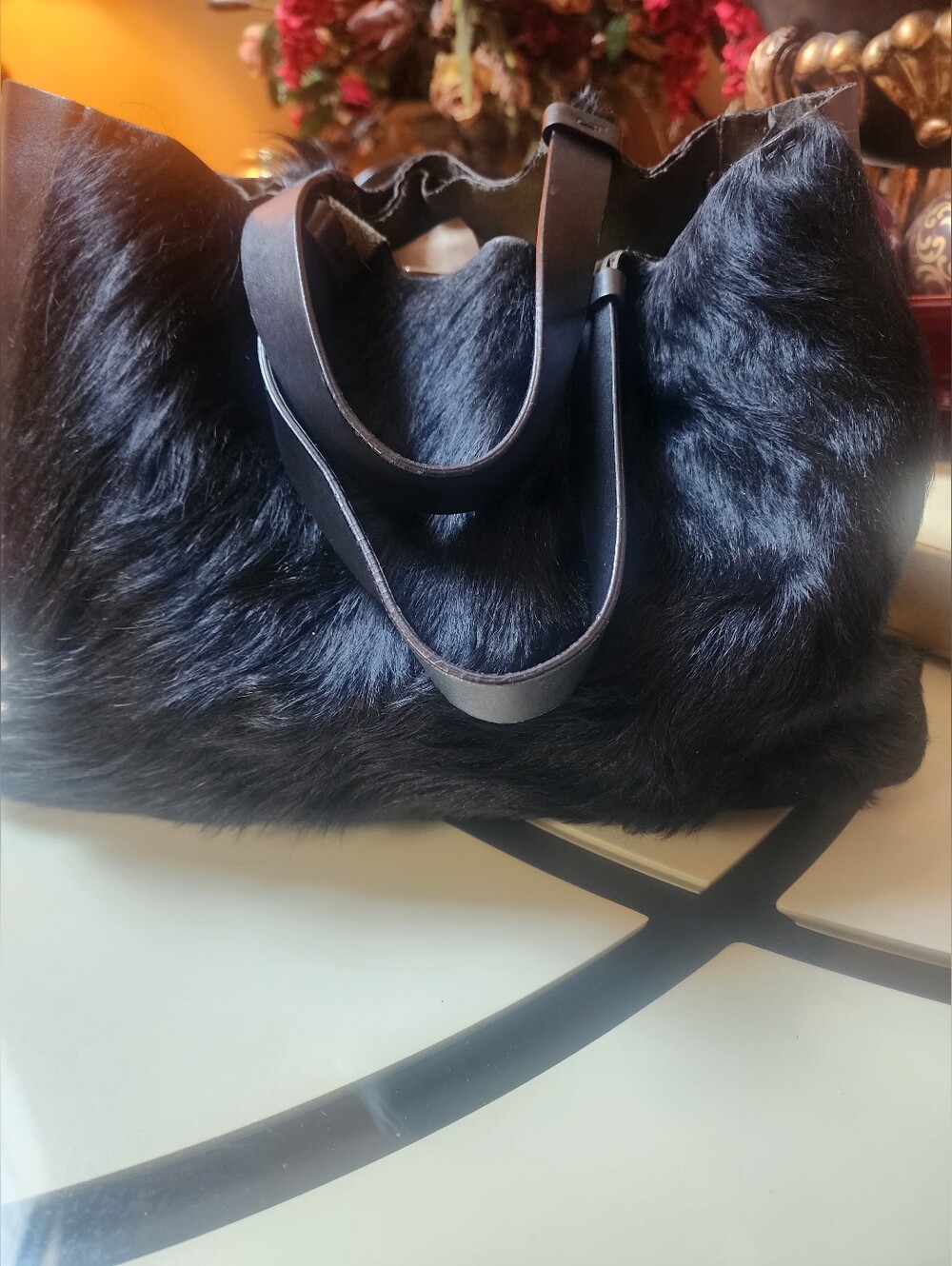 Lia NUMA Black Faux Fur Tote Bag with Leather Straps